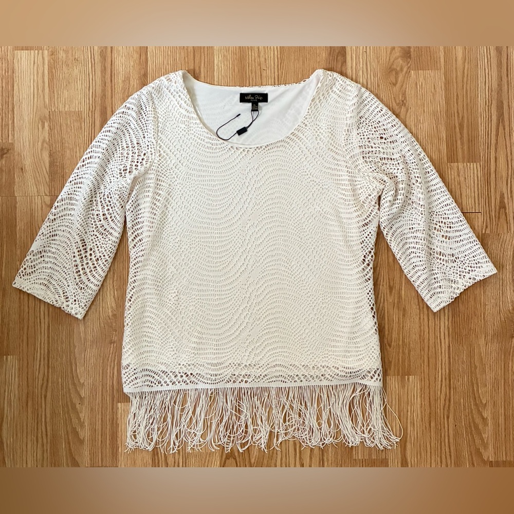New Melissa Paige Crochet Fringe Top Ivory Petite L PL